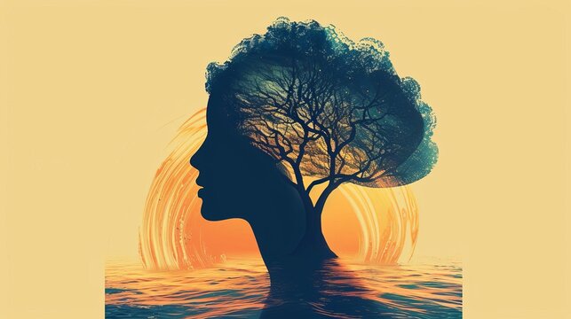 Abstract tree growing from meditating person's head, symbolizing mindfulness and self-reflection