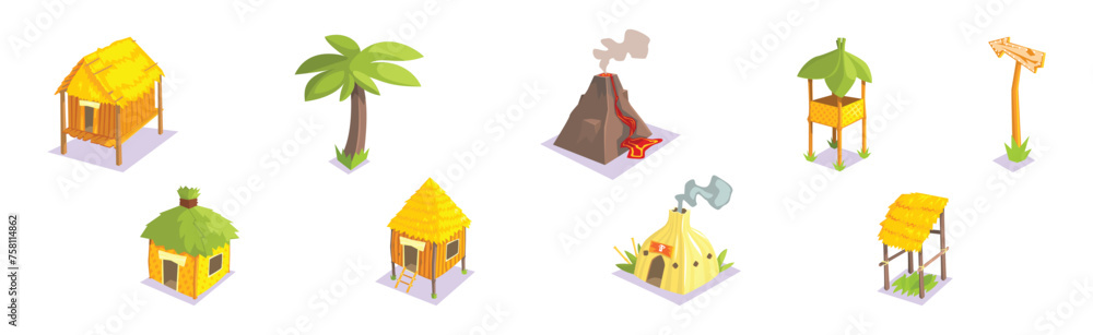 Poster tropical jungle landscape design element for computer game vector set