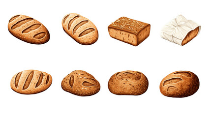 Set Icon of Hand Drawn Bread isolated on transparent background, (PNG)