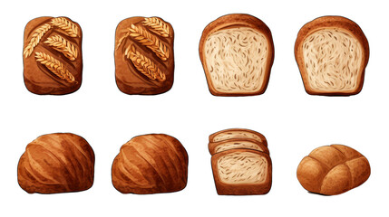 Set Icon of Hand Drawn Bread isolated on transparent background, (PNG)
