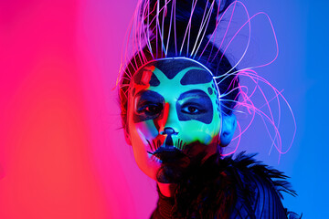 Woman in front of a neon pink and purple background wearing a face mask. Unique and individual