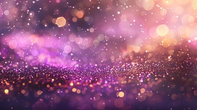 Bokeh effect of gold and purple glitter confetti on abstract blurred background