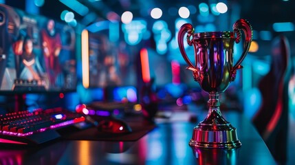 Esports championship arena, winner's trophy on stage surrounded by gaming PCs, competitive video game tournament - obrazy, fototapety, plakaty
