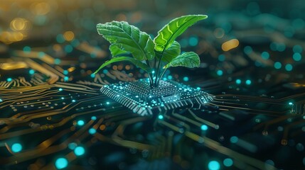 Futuristic tech plant growing from circuit board representing innovation and progress - obrazy, fototapety, plakaty