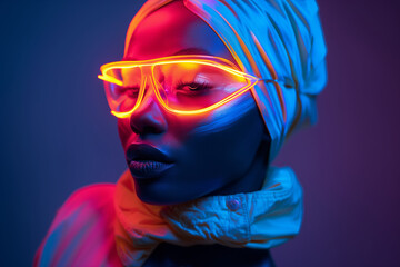 Portrait of a beautiful black woman in neon colors with light-up neon glasses. With copy space