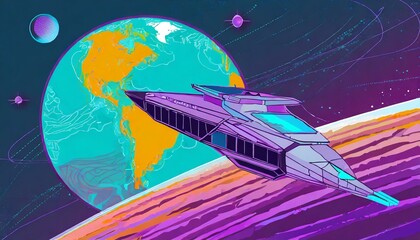 Raumschiff im Weltraum vor Erde - obrazy, fototapety, plakaty