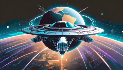 Raumschiff im Weltraum vor Erde