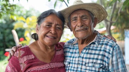 Loving elderly Hispanic couple enjoying retirement outdoors, immigrant's fulfilling life story, Latin American culture
