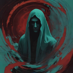 a spectral figure cloaked in dark cyan and bronze, surrounded by swirling vortexes of red energy