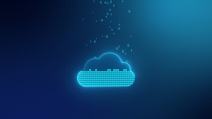 Digital cloud storage 0 and 1 binary data backup. Transferring backup for secure protection. Cloud icon filling with computer network data. High tech style computer illustration.