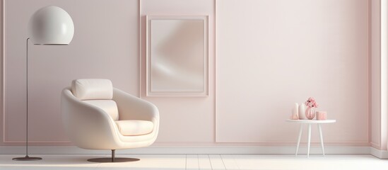 Fototapeta na wymiar Modern minimalist interior features a luxurious lamp and frame next to a white armchair.