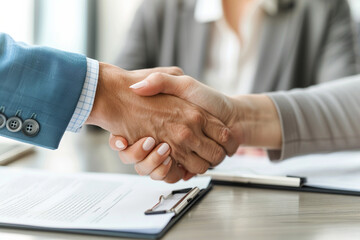 significance of a contractual agreement in business, with the document while a businesswoman and man finalize the deal with a handshake in the background, - obrazy, fototapety, plakaty