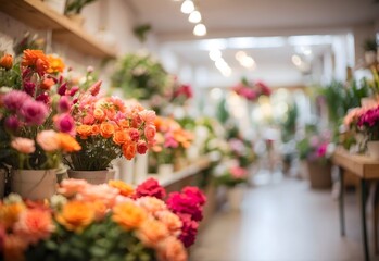 Fototapeta na wymiar Blurred image of a bright florist shop, generative AI