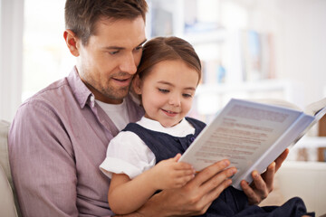 Fototapeta premium Father, child with book for reading and knowledge, happy with bonding at home and storytelling for education. Man, young girl and story time for fantasy and learn, love and care together in lounge