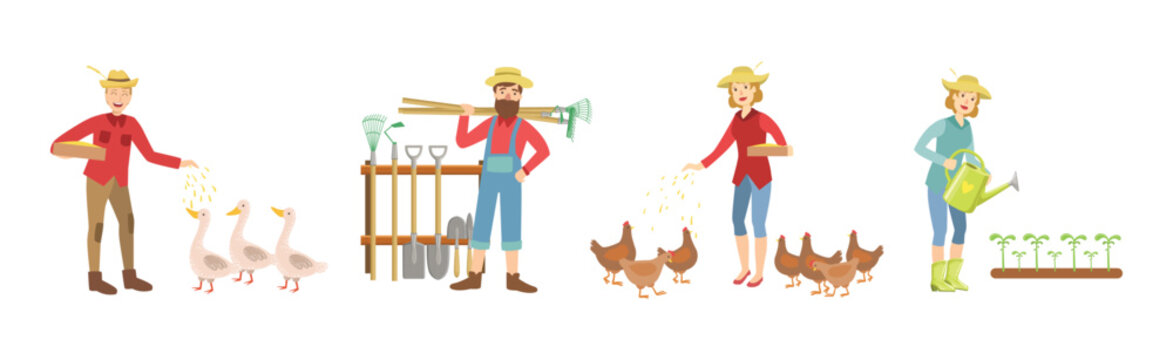 Man and Woman Farmer Character Enjoy Agriculture Work Vector Set