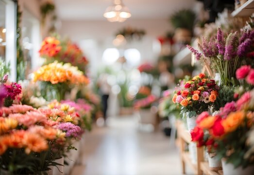 Blurred image of a bright florist shop, generative AI