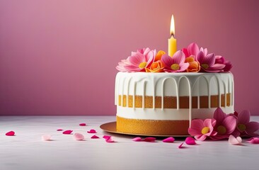 Birthday cake decorated with decorative flowers and candle standing on white surface, blurred pink background, banner