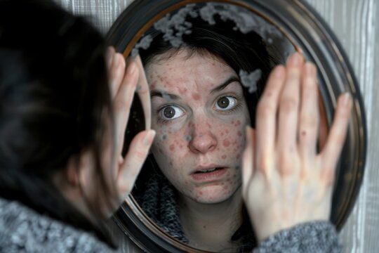 Person Examining Skin Closely in Mirror, Showing Signs of Dermatophobia and Anxiety-Driven Behavior, Concept of Health Concerns and Self-Examination