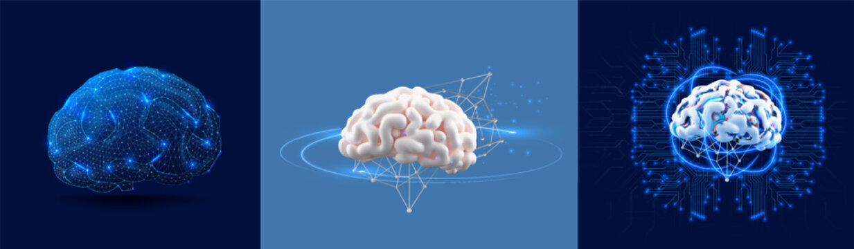 Digital Brain Concept Art in Three Styles on Blue Background. A triptych of digital brain illustrations, showcasing wireframe, neural network, and circuit board designs. Banner for medical app.