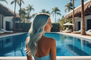 Girl in swimsuit with blonde blue hair standing in half turn, blurred background of hotel and outdoor pool, banner