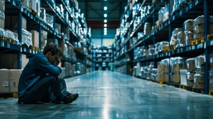 Lonely Warehouse Worker Taking a Break at Night, Feeling Overwhelmed and Stressed by Continuous Logistics Tasks, Reflecting the Chaotic Nature of Work Environment Concept