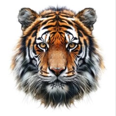A tiger's face is shown in a close up. The tiger has a long, bushy mane and a large, yellow eye. The tiger's face is the main focus of the image