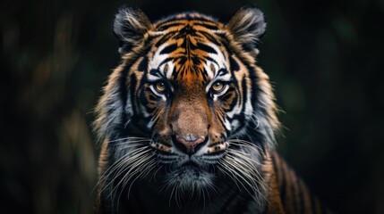 Fototapeta premium A tiger is staring at the camera with its mouth open. The tiger is in a dark forest, and the camera is focused on its face. Scene is intense and mysterious
