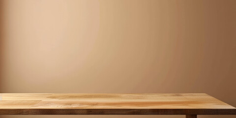 empty table wooden podium on beige wall background with shadow tropical leaves, Empty blank minimal wooden table counter, empty wood table top podium background for product presentation