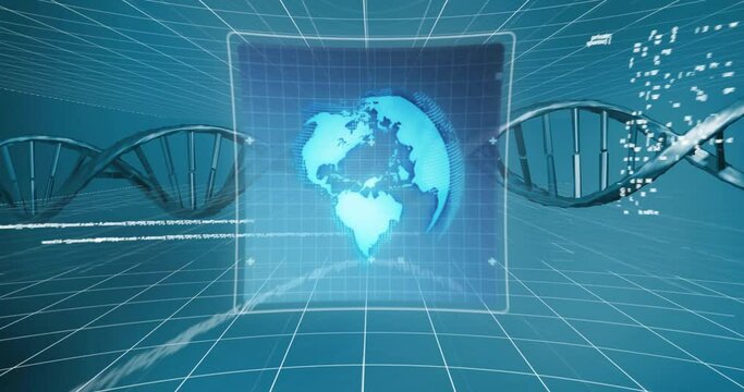 Animation of digital data processing, globe over dna strand