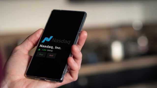 Nasdaq, Inc. on the screen of an exchange. Nasdaq, Inc  price stocks, $NDAQ on a device.
