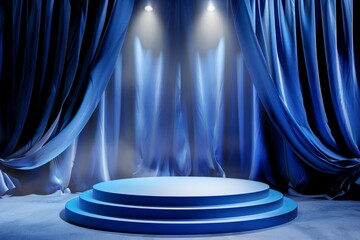 3d podium with fabric curtain and spotlight on luxury blue background - obrazy, fototapety, plakaty