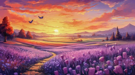 Poster Beautiful landscape sunset field with lavender flowers. © Natalia