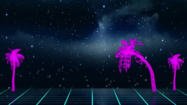 Animation of neon triangle and pink palm trees on grid over starry night sky and red light