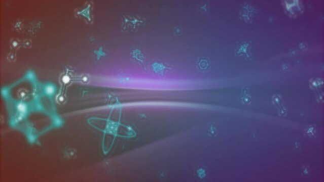 Animation of molecular and atomic structures and connections over moving soft pink and purple light