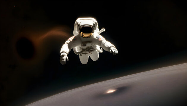 A lone astronaut floating in space, with a massive black hole in the background.