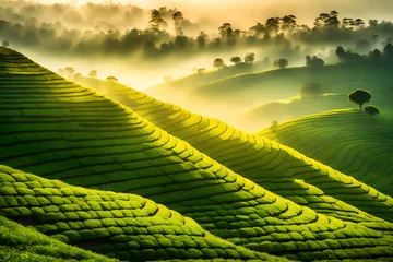 Gordijnen Green tea plantation at sunrise time, natural background, curved green tea plantation with fog at sunrise © MISHAL