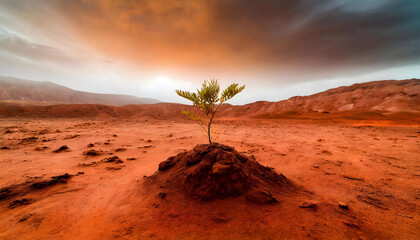 Sprout on red planet Mars surface, selective focus, sunset