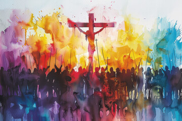 Jesus Christ on cross surrounded by crowd people, colorful watercolor - obrazy, fototapety, plakaty