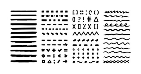 Hand-drawn set highlight marker lines, underlines, brush lines, rounds, arrows, punctuation marks, tick marks, and sketches. The doodle brush lines are isolated on a transparent background. 