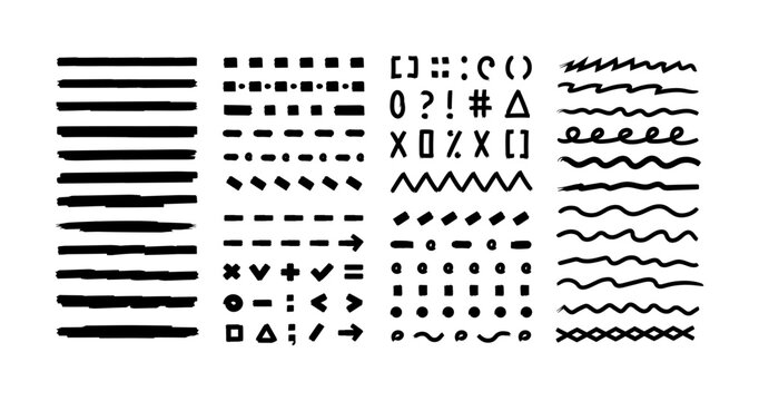 Hand-drawn set highlight marker lines, underlines, brush lines, rounds, arrows, punctuation marks, tick marks, and sketches. The doodle brush lines are isolated on a transparent background. 