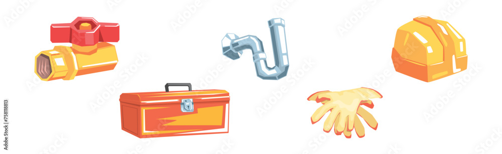 Poster professional plumber object and instrument vector set