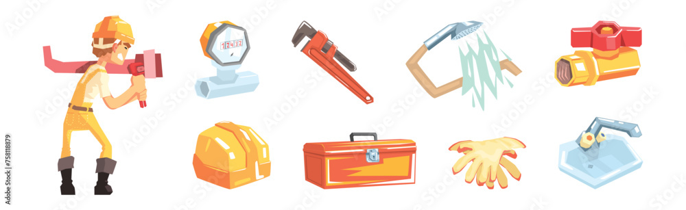 Poster professional plumber object and instrument vector set