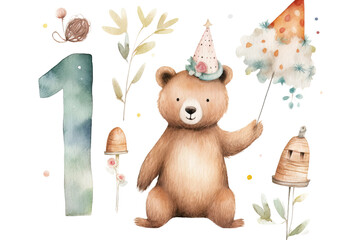 year art stock clip cute drawn watercolor month One bear baby number hand Beautiful illustration 1 animal