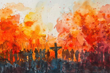 Jesus Christ on cross surrounded by crowd people, orange watercolor