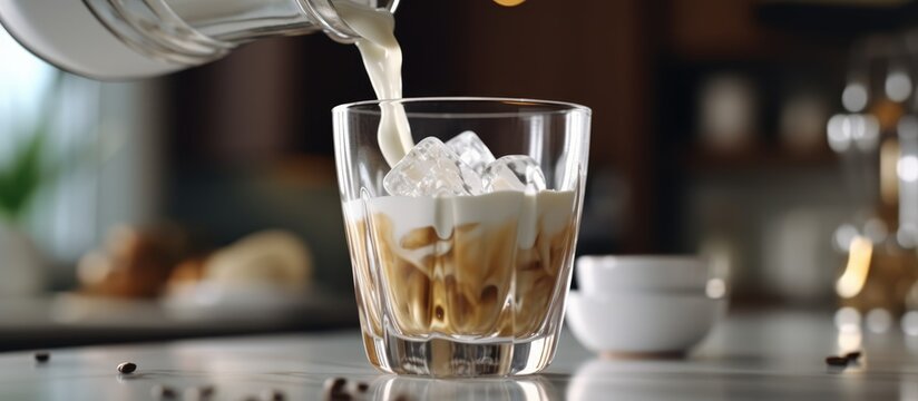 pouring milk into a coffee glass and ice cubes on the kitchen table