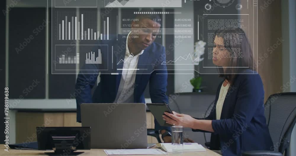 Poster animation of globe and data processing over diverse business people in office