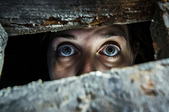 Person with Wide Open Eyes in Dark Room, Surrounded by Shadows, Depicting Nyctophobia Fear Concept