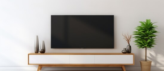 Smart Television Mockup on Wooden Console in White Living Room.