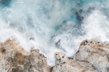 An aerial view of a rocky beach with waves crashing over rocks