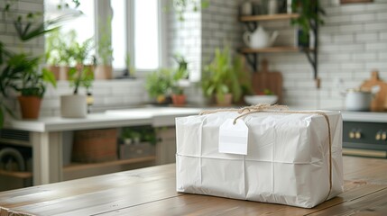 White parcel with blank tag on wooden table in modern kitchen. Delivery service concept, mock up